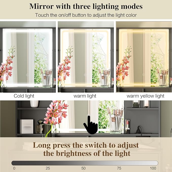 Makeup Vanity Desk with Mirror and Lights, Vanity Desk with 8 Drawers & Storage Shelves, Vanity Table with Power Outlet, 3 Color Modes & Adjustable Brightness Dressing Table, Bedroom,Black