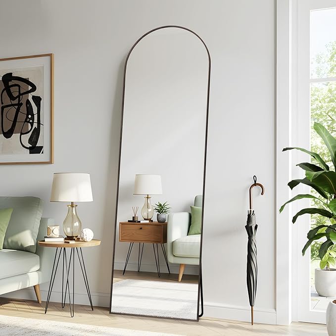 Arched 19x57 Inch Full Length Mirrors Aluminium Frame in Classic Graylish Driftwood Looking Free Standing Floor Mirror Full Body Wall Mounted for Bedroom Living Room and Hallway