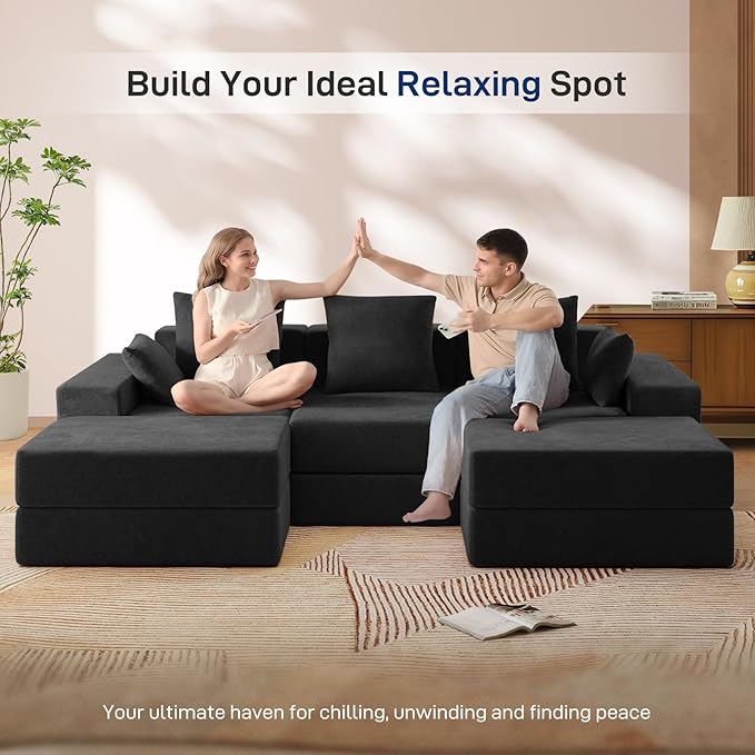 Living&Giving 101" U-Shaped Cloud Sectional Couch for Living Room, Cloud Boneless Couch-No Assembly with Reversible Chaise, Customizable 3-Seat Modular Sectional Sofa with 2 Ottoman, Black