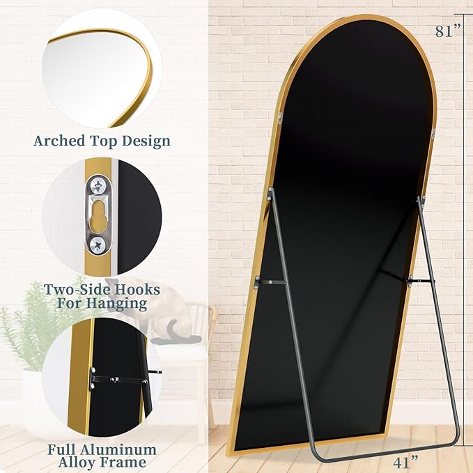 Full Length Mirror, 81"x41" Oversized Floor Mirror with Stand, Hanging or Leaning Full Body Mirrors Mirror for Bedroom, Living Room, Cloakroom, Arch, Gold