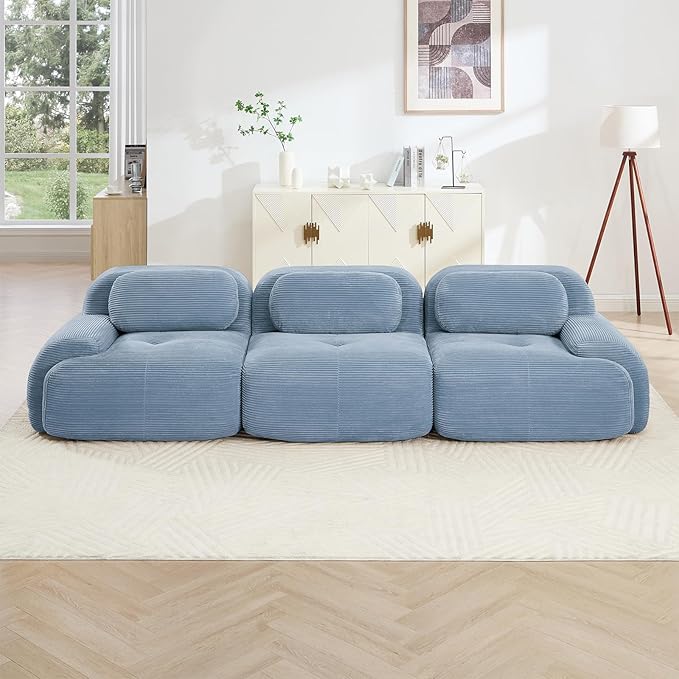 116" Modern Compressed Boneless Couch, 3 Seater Sectional Couches for Living Room, Blue Corduroy Cloud Modular Sectional Sofa, Comfy Memory Foam, Extra Deep, Sofas para Sala, No Assembly
