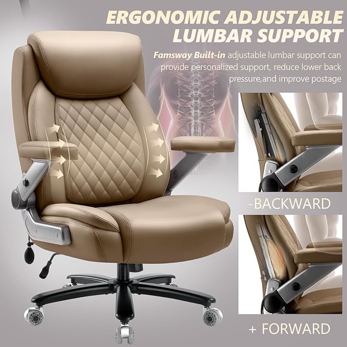 650LBS Big and Tall Office Chair with 5D Flip Arms and Thick Pocket Spring Cushion, Extra Wide Heavy Duty Office Chair with Adjustable Lumbar Support, Large High Back Computer Chair Dual Rubber Wheel