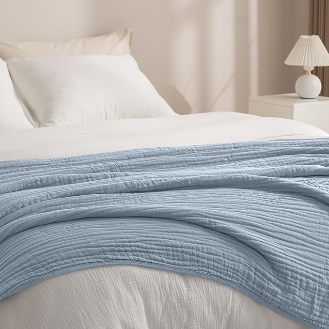 PHF Cooling Muslin Blanket Queen Size 90"x80", 6-Layer Lightweight Gauze Blanket Made from 35% Rayon Derived from Bamboo & 65% Cotton, Breathable & Ultra Soft Cozy, Aesthetic Home Decor, Dusty Blue