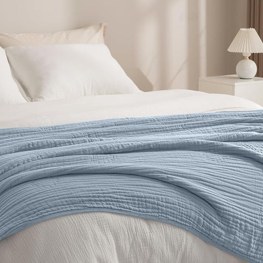PHF Cooling Muslin Blanket Queen Size 90"x80", 6-Layer Lightweight Gauze Blanket Made from 35% Rayon Derived from Bamboo & 65% Cotton, Breathable & Ultra Soft Cozy, Aesthetic Home Decor, Dusty Blue