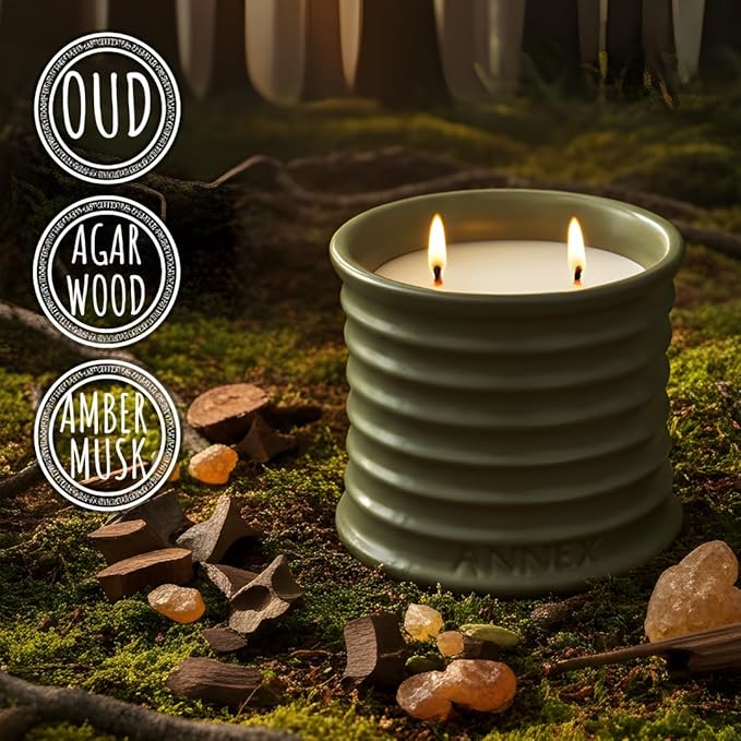 Scented Luxury Candles in Handmade Ceramic Jars, Soy Wax | Woody Wood – Oud & Agarwood, Large Candle | Non Toxic, 2 Wicks, Reusable Big Olive Green Jar | Natural Spring Aromatherapy for Women & Men