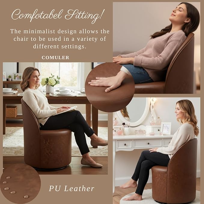 Modern Barrel Dining Chairs Set of 3, Swivel Base Cognac PU Leather Accent Chair 360°Rotating Mid-Century Dining Side Chair Kitchen Chair for Living Room, Bedroom, Home, Office, Kitchen(Brown)