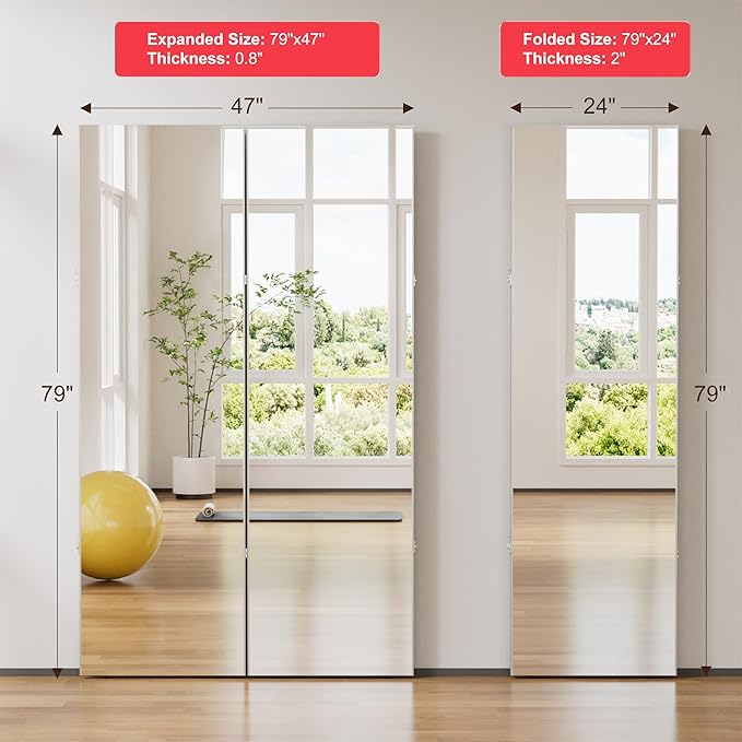 brisafe 360-Degree Folding Full-Length Mirror - 79" x 47"Oversized Anti-Shatter Nano Film Mirror, Space-Saving Foldable Design for Home Gym/Yoga Studio, 60% Commercial Insurance Discount, Black