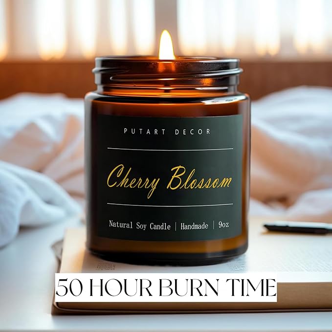 Cherry Blossom Highly Scented Candle for Home, 9oz Natural Soy Aromatherapy Non Toxic Candles with Essential Oil, Home Fragrance Stress Relief & Meditation Jar Candles Gifts for Women & Men