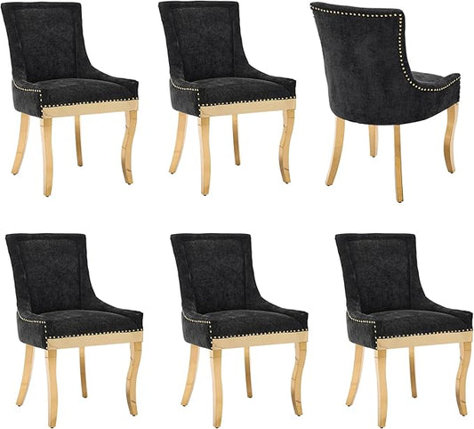 Luxury Fabirc Upholstered Dining Chairs Set of 6,Neutral Chenille Kitchen Room Chair with Nailhead Trim,6 Piece Modern Side Chairs for Dining Room,Living Room,Bar (Black-Gold, Set of 6)