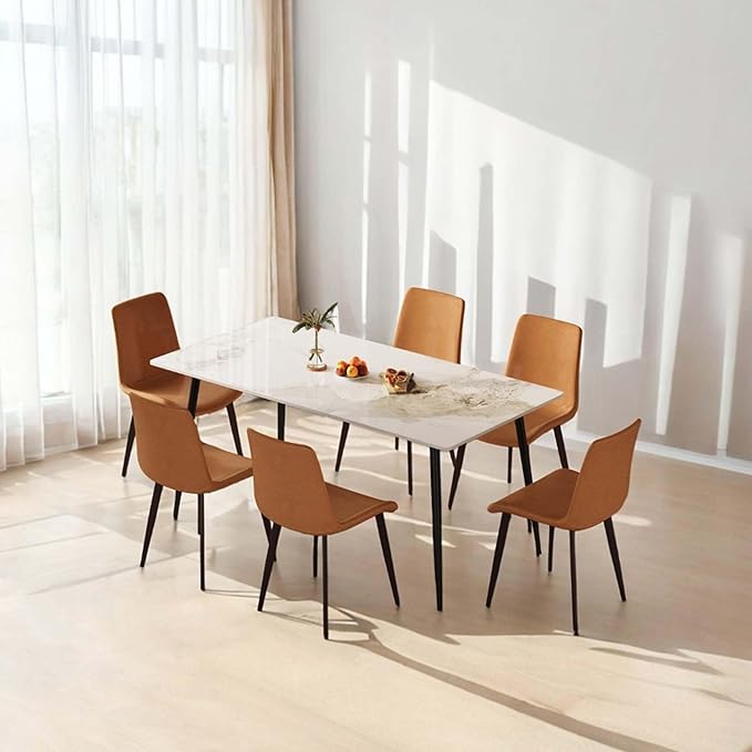 Dining Chairs with Comfortable Backrest and Sturdy Metal Legs, Modern Upholstered PU Leather Kitchen & Office Chairs for Dining Room, Restaurant Or Living Room (Brown, 8-Set)