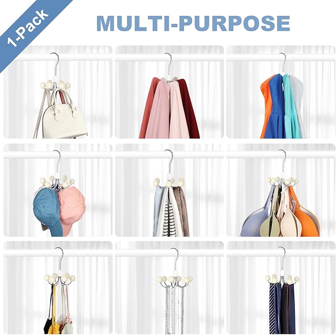 TOPIA HANGER Hoodie Hangers with 6 Wood Balls, 360°Swivel Purse Hanger, Scarf Hanger, Closet Hooks, Handbag Organizer, Bra Hanger, Accessory Organizers for Scarf, Tanktop, Hat, Hoodie CT56W
