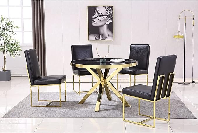 AUZ Dining Chairs, Black Faux Leather Upholstered Dining Room Chairs with Polished Gold Stainless Steel Sled Legs, Set of 10