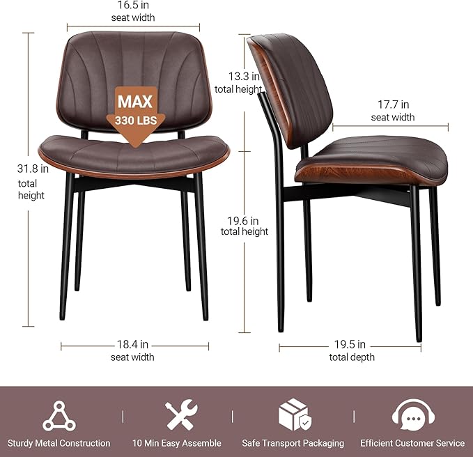 Dining Chairs Set of 4, Mid-Century Modern Upholstered PU Leather Chairs with Walnut Bentwood Back and Metal Legs Adjustable Feet for Kitchen Dining Room, Dark Brown Shell Strips