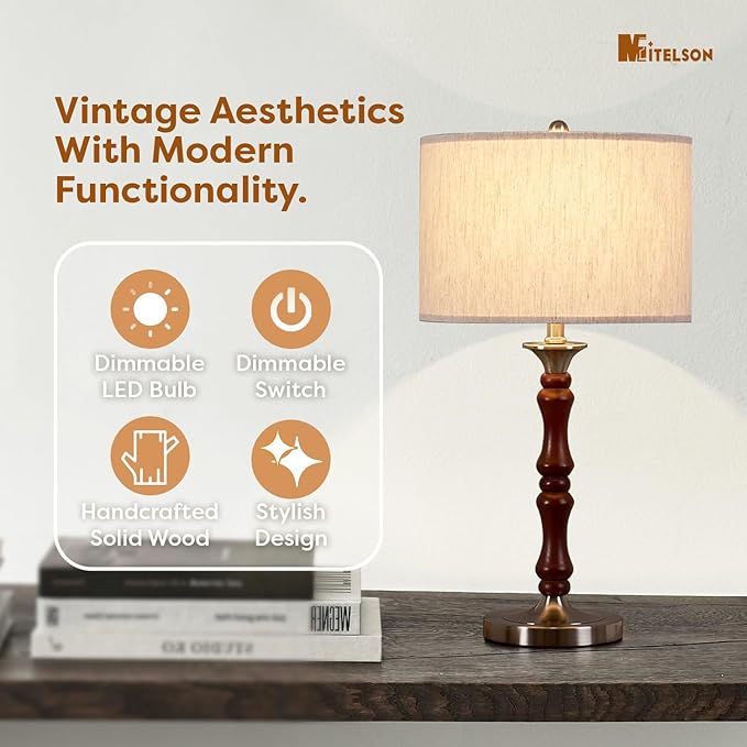 Bedside Table Lamp for Bedroom, Modern Desk Lamp with Dimmable Switch and Bulb, Minimalist Night Stand Light Lamp with Fabric Shade, Desk Reading Lamp for Kids Room Living Room Office