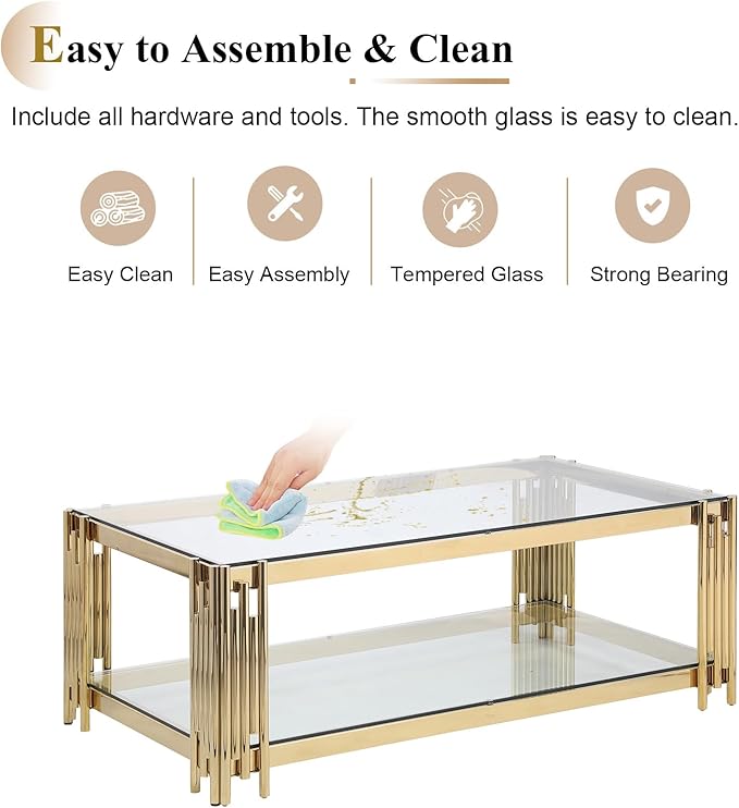 Goujxcy Glass Modern Coffee Table Set of 2 with Storage, Glass Top and Stainless Steel Frame, Living Room Table Set for Apartment Home Office