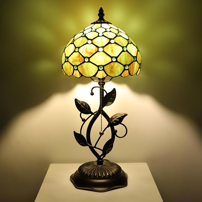 Small Tiffany Lamp Brown Green Pearl Style Stained Glass Table Lamps Desk Bedside Reading Light 8X8X18 Inches with Bronze Metal Leaf Resin Base