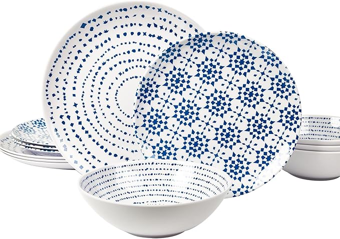 Melamine Dinnerware Set of 12 Pcs Dinner Dishes Set Bowls and Plates for Indoor and Outdoor with Unbreakable Non-breakable Lightweight Dining Tableware