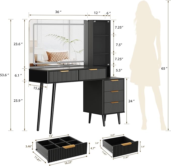 GarveeHome Fluted Makeup Vanity Desk with Lights, 48" Big Vanity with Glass Top and Large 36" HD Lighted Mirror, Modern Dressing Table with 5 Drawers 3-Tier Shelves Set w/Charging Station (Dark Grey)