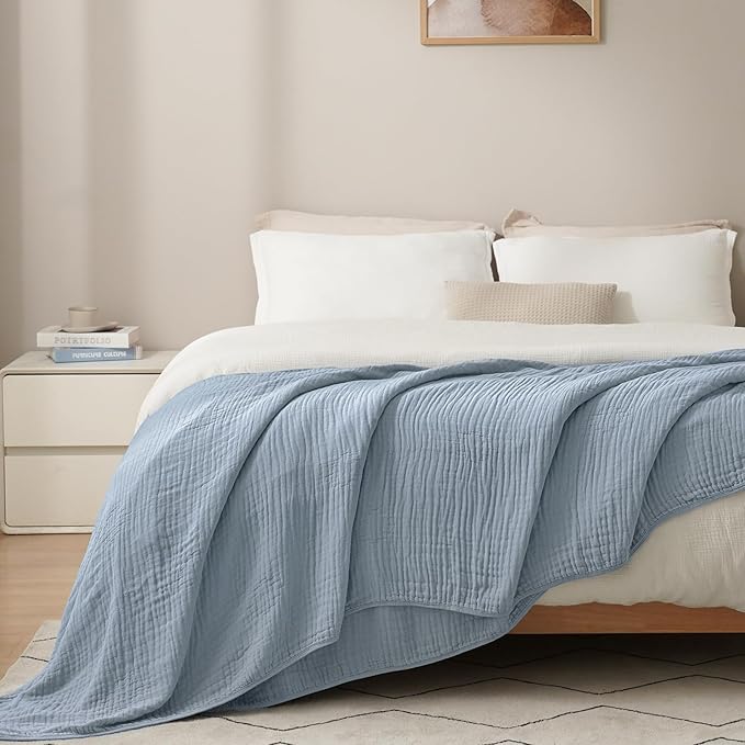 PHF Cooling Muslin Blanket Twin Size 60"x80", 6-Layer Lightweight Gauze Blanket Made from 35% Rayon Derived from Bamboo & 65% Cotton, Breathable & Ultra Soft Cozy, Aesthetic Home Decor, Dusty Blue
