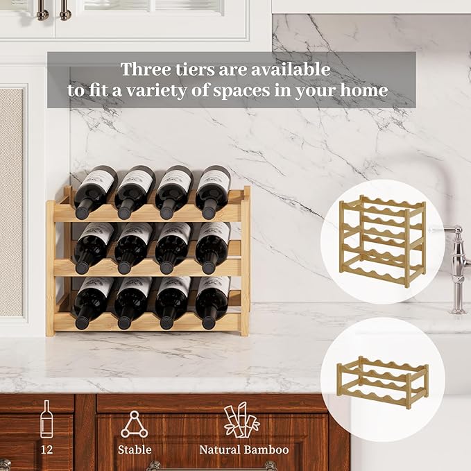 Wine Rack，Bamboo Wine Storage Cabinet Shelf，Countertop Wine Shelf- Freestanding Wine Holder for Kitchen & Pantry (Natural, 3-Tier)