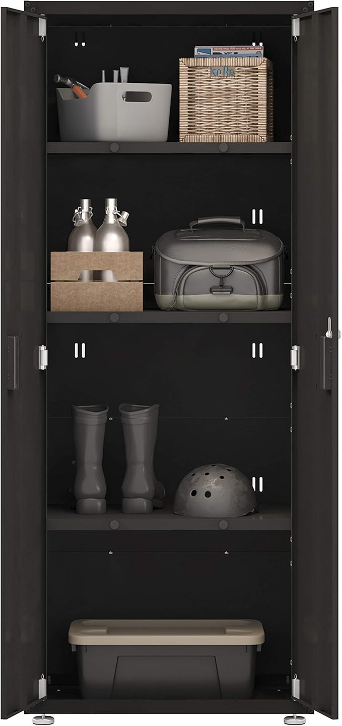 Home Tall Steel Storage Cabinet w/Lock & Key, Two Door Garage/Office/Classroom Cabinet, Removable Shelf, Pivot Hinges, 18.2" L 30.3" W 5.4" H (Black)