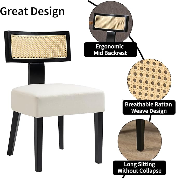 Dining Chairs Set of 2,Mid-Century Modern Dining Chairs-Upholstered Rattan Seats with Black Hardwood Frame, Farmhouse Curved Backrest Armless Kitchen Chairs for Kitchen, Dining & Living Room, Cream