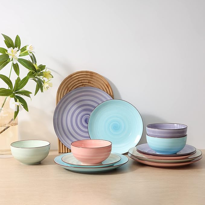 Selamica Ceramic 12-Pieces Dinnerware Sets, Scratch Resistant Plates and Bowls Sets, Handpainted Swirl Dishes Set for 4 with Spray Black Dots, Dishwasher&Microwave Safe, Gradient Color