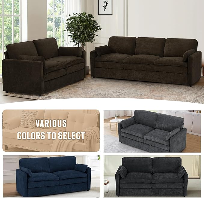 69" Chenille Modern Couch with Cozy & Soft Backrests, 2 Seats Sofa with 2 Extra Pillows, Comfy Upholstered Sofa with Thicker Cushions for Living Room, Office, Brown