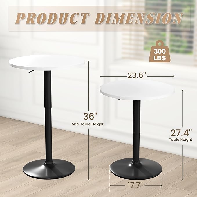Shahoo Round Bar Table, Adjustable Height and 360° Swivel Bistro Pub Table, Cooktail Table for Bar, Bistro, Dining Room, White