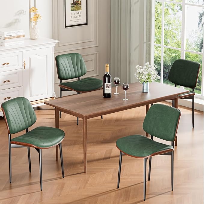 Dining Chairs Set of 8, Mid-Century Modern Upholstered PU Leather Chairs with Walnut Bentwood Back and Metal Legs Adjustable Feet for Kitchen Dining Room, Dark Green Shell Strips
