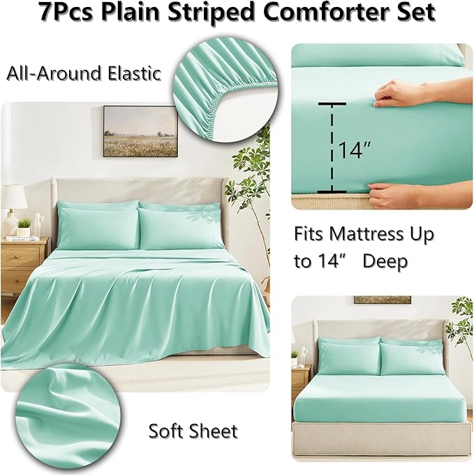 CozyLux King Size Comforter Set Mint Green, 7 Pieces Bed in a Bag, Green Comforter King Size, All Season Bedding Sets with Stitch Quilted Comforter, Flat Sheet, Fitted Sheet, Pillowcases