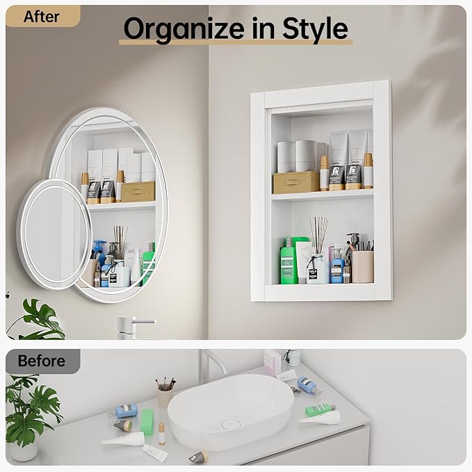 14x18 Recessed Medicine Cabinet, 2 Tiered Wood Bathroom Wall Niche, Water-Proof Recessed Wall Niche Medicine Cabinet Replacement, for Living Room, Bathroom Storage, White