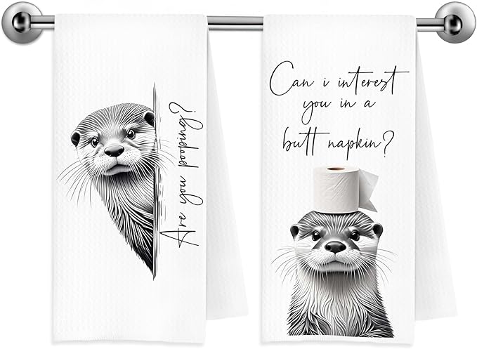 Funny Sea Otter Hand Towels, Otter Bathroom Decor, are You Pooping Coastal Beach Otters Decorative Hand Towels for Bathroom Washroom Restroom Toilet, 16x24 Inch Set of 2