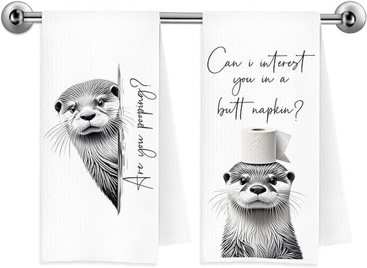 Funny Sea Otter Hand Towels, Otter Bathroom Decor, are You Pooping Coastal Beach Otters Decorative Hand Towels for Bathroom Washroom Restroom Toilet, 16x24 Inch Set of 2