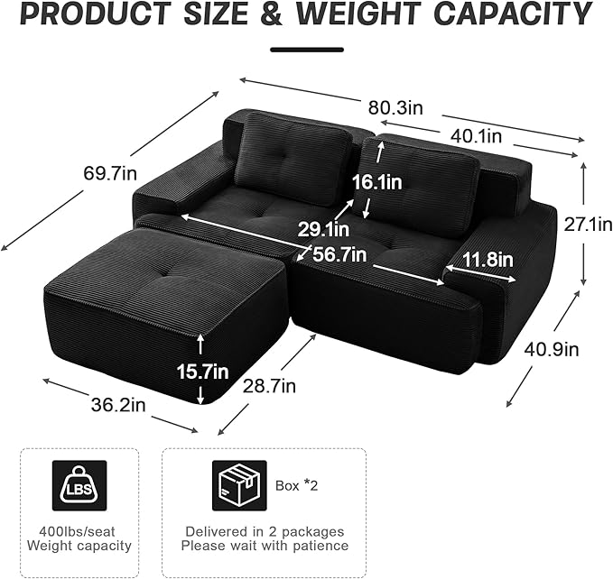 80'' Loveseat Sofa, 32D Foam Corduroy Boneless Couch with Pillow, Deep Seat Wide Arm Sectional L Shaped Couch for Living Room, Small Spaces, Studio Apartment