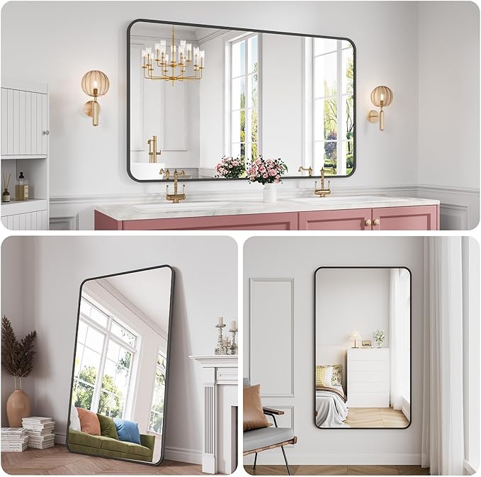 Koonmi Bathroom Mirror, 36X60 Brushed Black Metal Framed Wall-Mounted Mirror for Over Sink, HD Tempered Glass, Anti-Rust, Rounded Rectangle Mirror for Restroom, Bedroom, Hangs Horizontal or Vertical