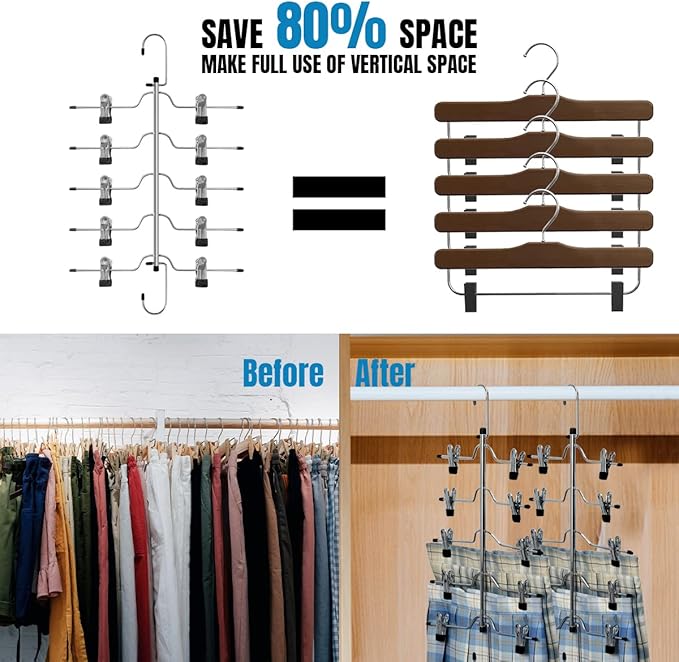 5 Tier Metal Skirt Hangers for Women, Pants Hanger Space Saving with Non Slip Adjustable Clips,Durable Heavy Duty Trouser Hangers for Jeans, Slacks, Shorts - 2 Pack