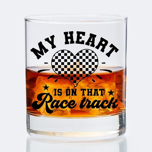 Racing Gifts Old Fashioned Whiskey Glasses, Track Racing Gifts for Racer, My Heart Is On That Race Track 10 oz Rocks Barware Cup for Cocktail Drinks Scotch Bourbon Liquor