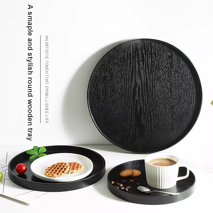 Round Wood Serving Tray, Solid Wooden Decorative Tray Non-Slip Tea Coffee Table Tray Snack Plate Food Meals Serving Tray with Raised Edges for Home Decor Kitchen Restaurant (8.2inch, Black)