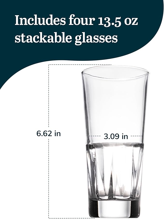 Libbey Bellevue Cocktail Glasses Set, 13.5 Oz, Clear, Stylish Retro Stackable Glass Cups, Modern Glassware Set for Cocktails, Mojito, and More
