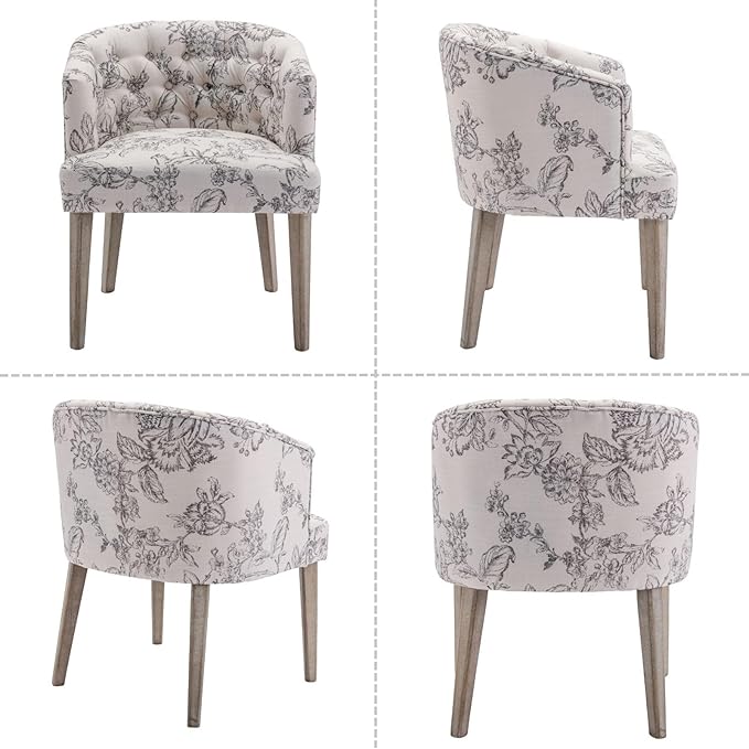 DUOMAY Modern Tufted Dining Chairs Set of 2, Linen Upholstered Side Chair, Comfy Accent Barrel Chair with Wood Legs for Home Kitchen Dining Room Living Room Restaurant, Beige Flower Pattern