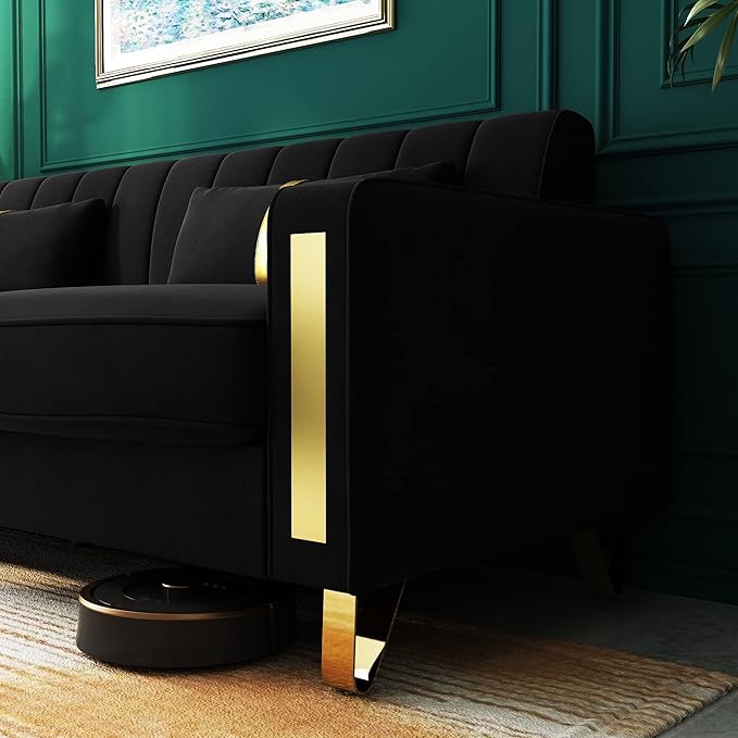 Couch 85.62" 3 Seats Sectional Velvet Fabric Sofa Easy Assemble Sofa Bed with 2 Couch Pillows,Gold Metal Legs for Living Room (P17, Black)
