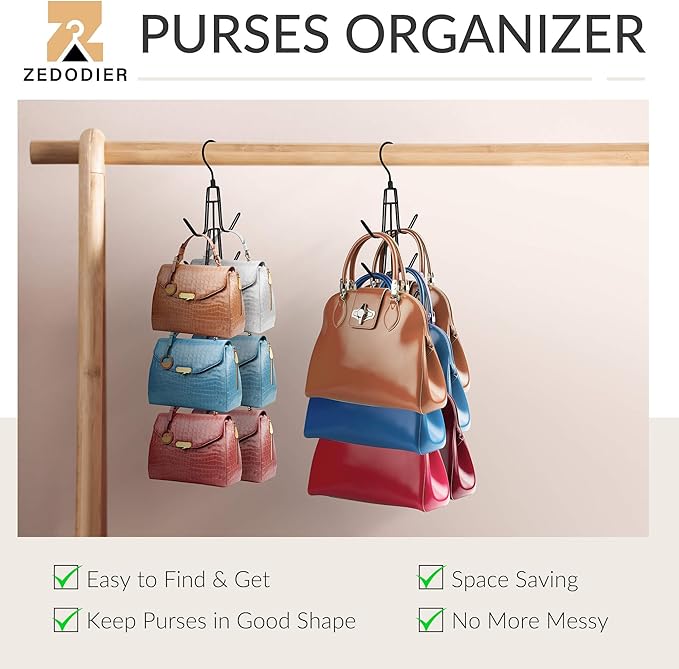 ZEDODIER Purse Hanger Organizer for Closet, Hanging Bag Holder, Keeping Purses Visible and in Good Condition, Metal Handbag Storage Hook Backpack Rack Space Saving Hanger, Black