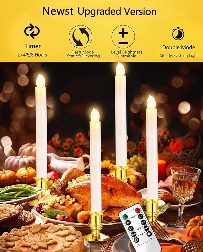 YAUNGEL Window Candles, 20 Pack LED Battery Operated Christmas Candles for Windows with Remote Timer Electric Candle Lights with Removable Candle Holders Suction Cups for Christmas Decorations, Gold