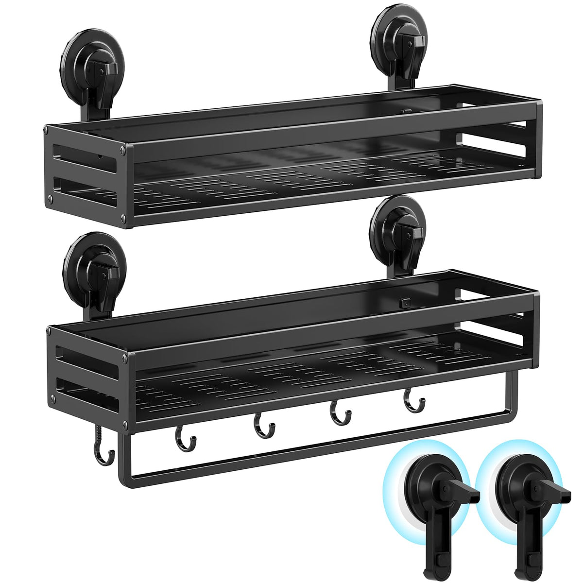 CIBOTIES Suction Cup Shower Caddy with 5 Hooks & Towel Rrack 15.7inch Black