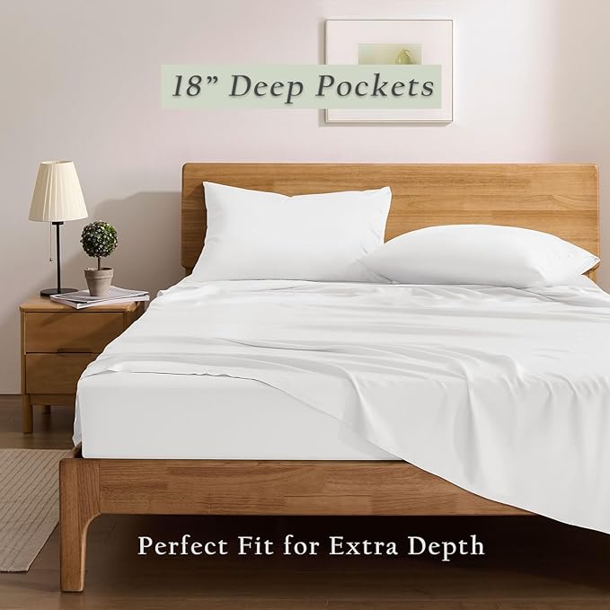 TOSMO Luxury Cooling Sheet Set - 100% Viscose from Bamboo, 4-Piece Bedding Set (King Size) - 18” Extra Deep Pockets, Oeko-Tex Certified, Silky Soft and Breathable, Classic White