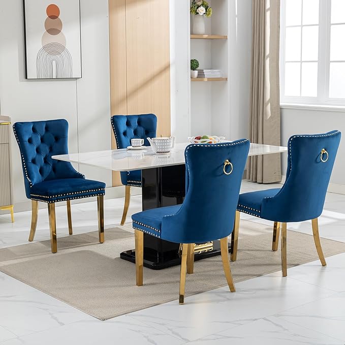 Luxury Upholstered Dining Chairs Set of 8, Blue Kitchen Chair with Golden Metal Legs, Velvet Tufted Back Dining Chair, Sillas de Comedor, Modern Kitchen & Dining Room Chairs (Blue, 8 Pcs)