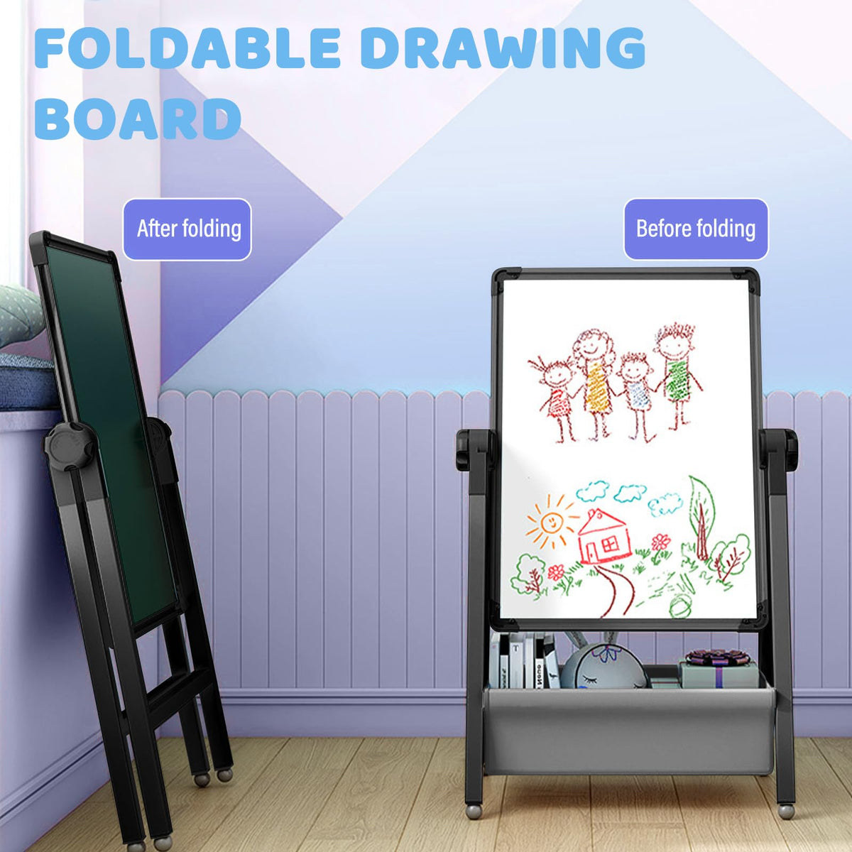 Art Easel for Kids, Double Sided Kids Easel Drawing Board, Whiteboard & Blackboard, 360°Rotating Adjustable(Black)