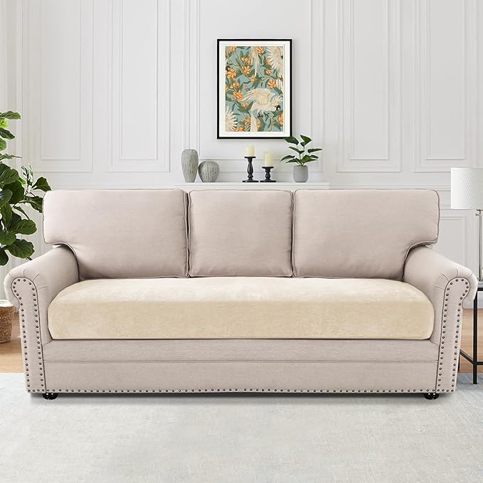 H.VERSAILTEX Stretch Chenille Couch Cushion Cover Soft Sofa Covers Washable Thick Durable Cushion Covers for Couches and Sofas All Seasons Universal(3 Seater Sofa Cushion Cover,Beige)