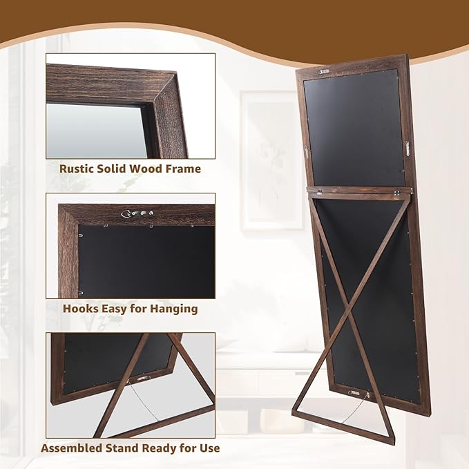 MELOMOIR Rustic Farmhouse Full Length Mirror, 64"x21" Wood Frame Floor Mirror, Free Standing Leaning Hanging, Long Mirror for Bedroom Living Room Cloakroom, Charcoal-Grilled Brown
